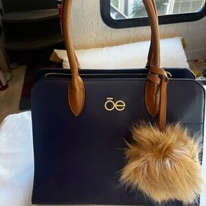 Navy Blue Handbag with Tan Accents